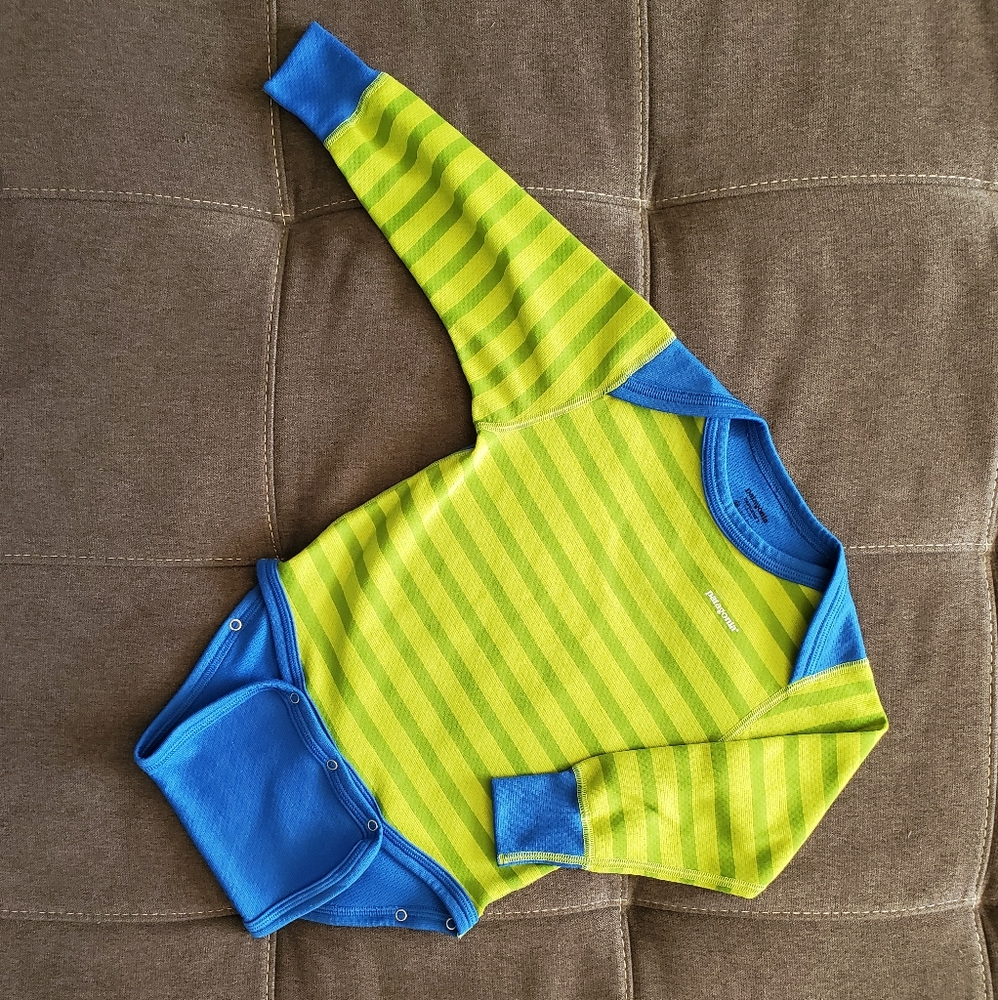 Patagonia Capilene 3 Green and Blue Striped Onesie 18 Months